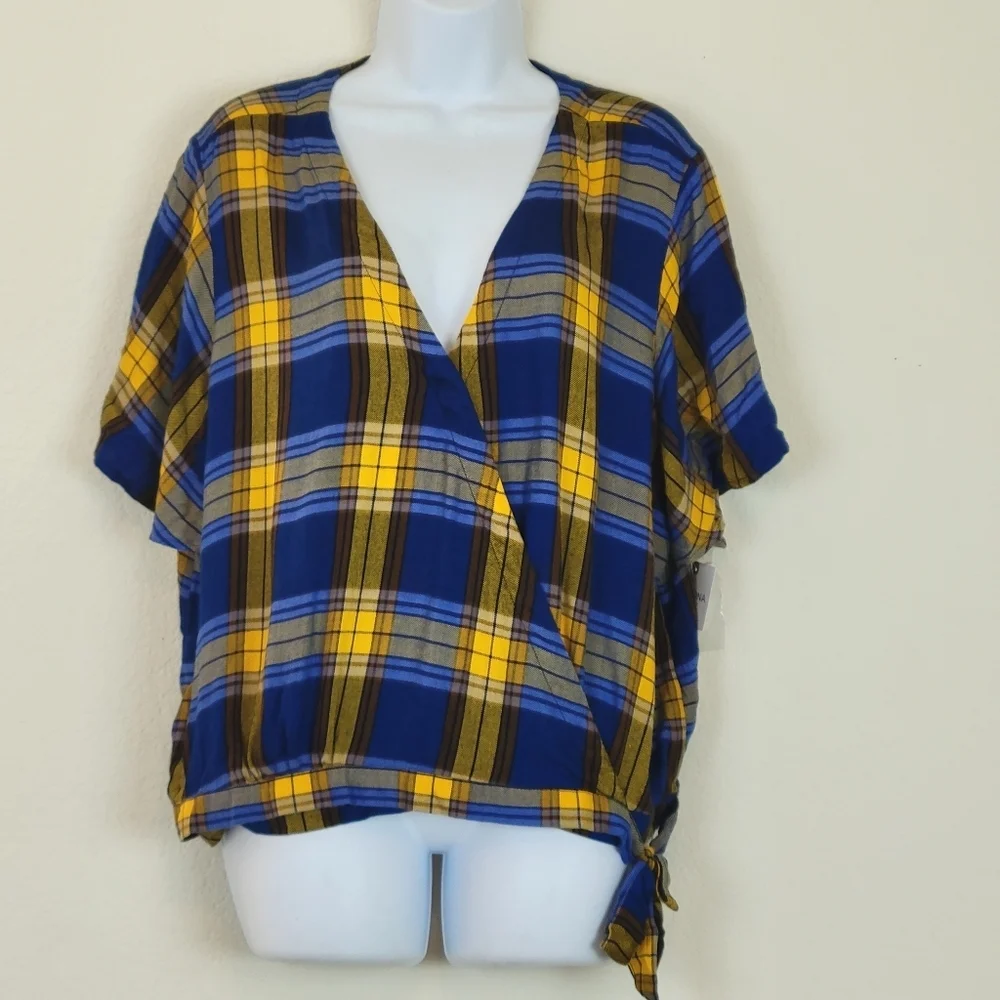 Arizona Jean Co Yellow & Blue Plaid Wrap Tie Shirt xxl - Picture 2 of 9